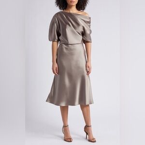 NWOT AMSALE One-Shoulder Fluid Satin Cocktail Midi Dress SIZE 4 color mocha